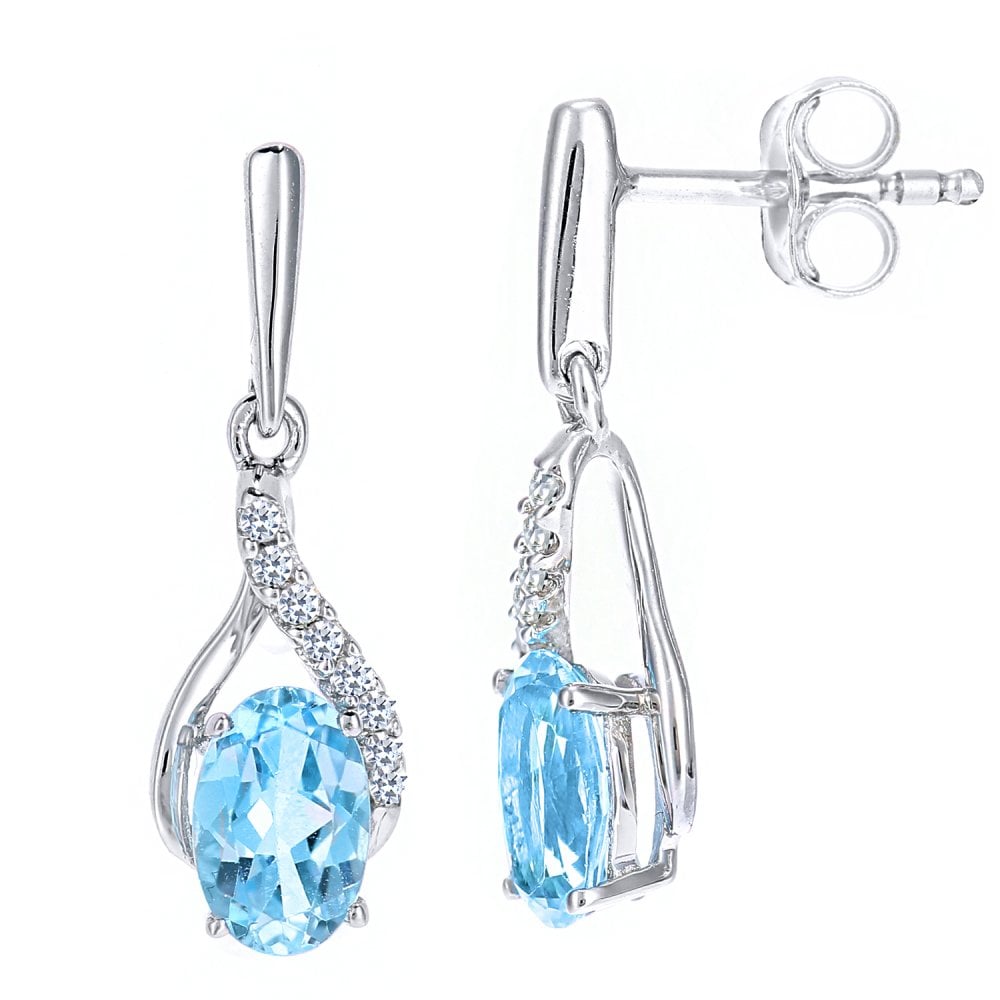 SPARKLD 9ct White Gold Oval Blue Topaz Crossover 0.05ct Diamond Drop Earrings