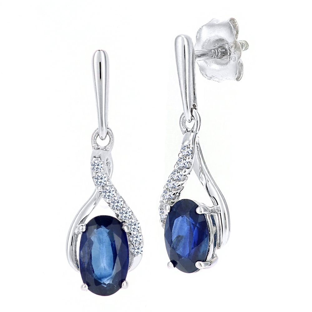 SPARKLD 9ct White Gold Oval Sapphire Crossover 0.05ct Diamond Drop Earrings