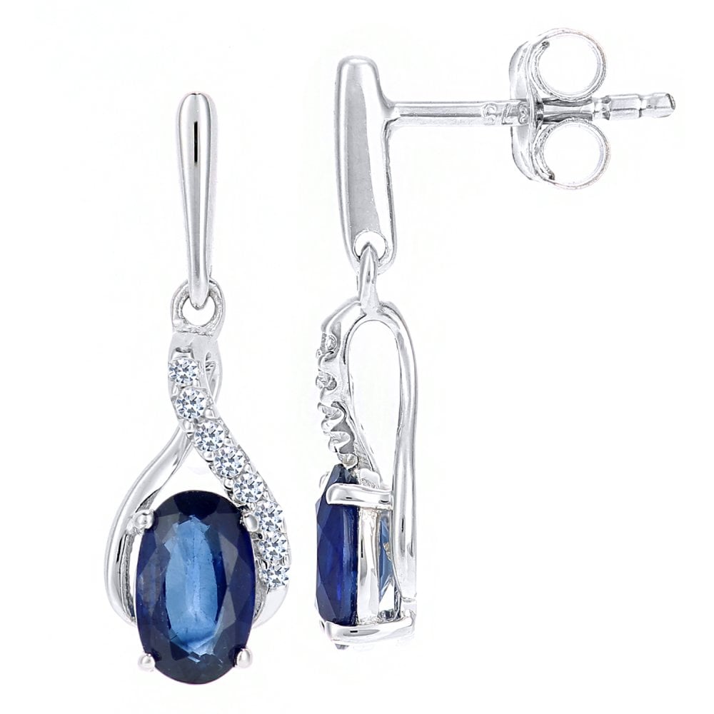 SPARKLD 9ct White Gold Oval Sapphire Crossover 0.05ct Diamond Drop Earrings