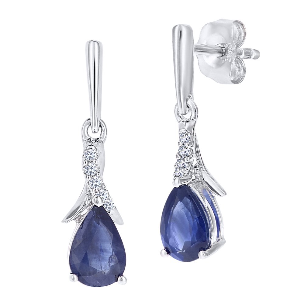 SPARKLD 9ct White Gold Oval Sapphire Crossover 0.05ct Diamond Drop Earrings
