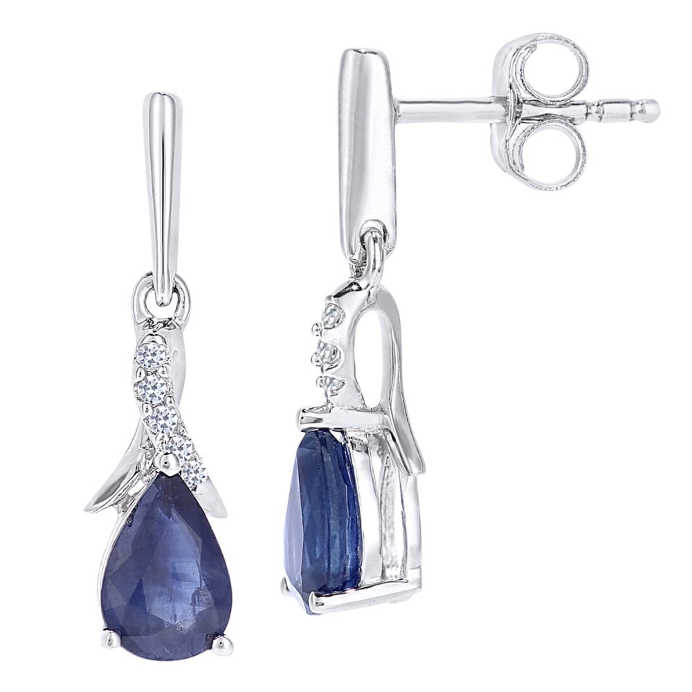 SPARKLD 9ct White Gold Oval Sapphire Crossover 0.05ct Diamond Drop Earrings