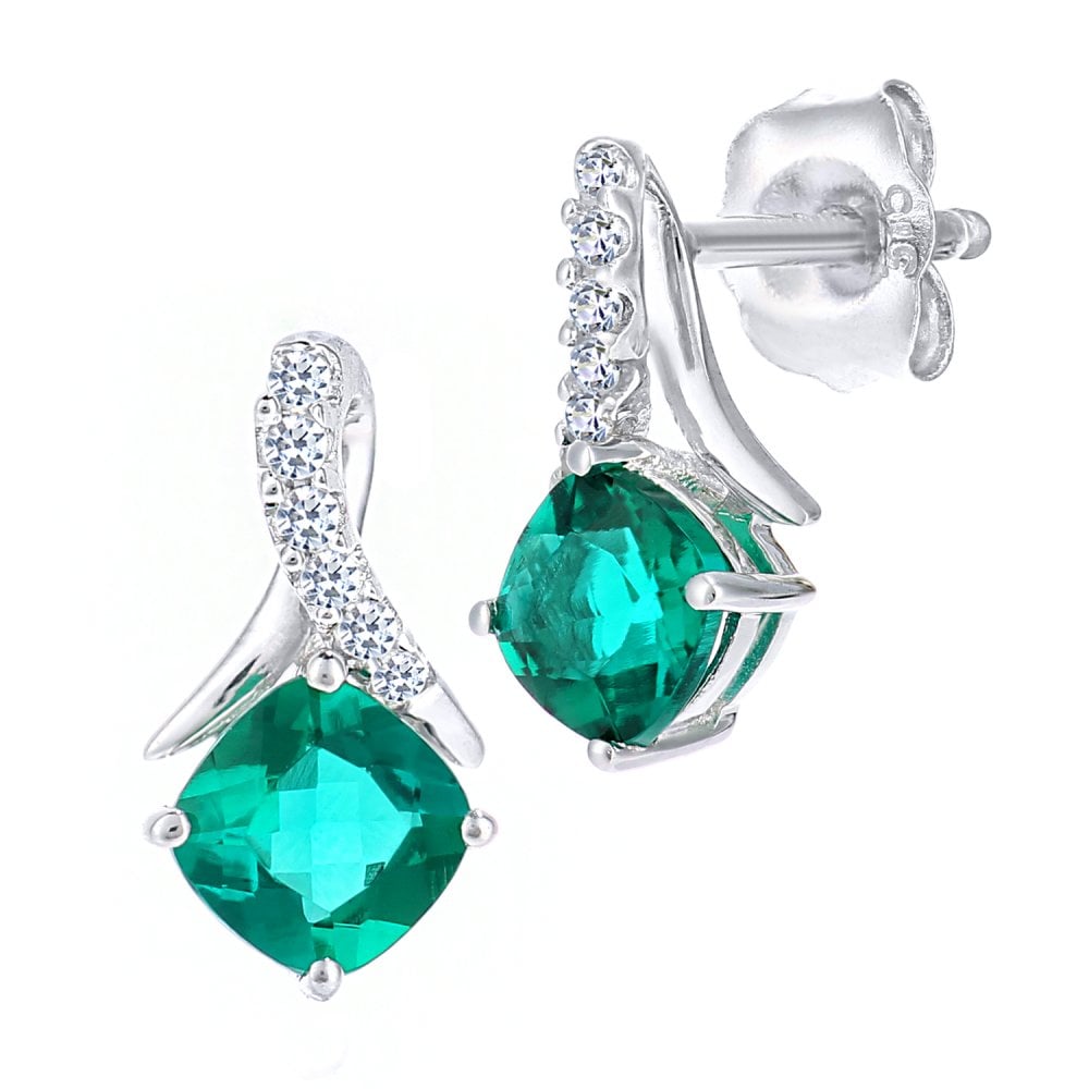SPARKLD 9ct White Gold Cushion Created Emerald Crossover 0.05ct Diamond Stud Earrings