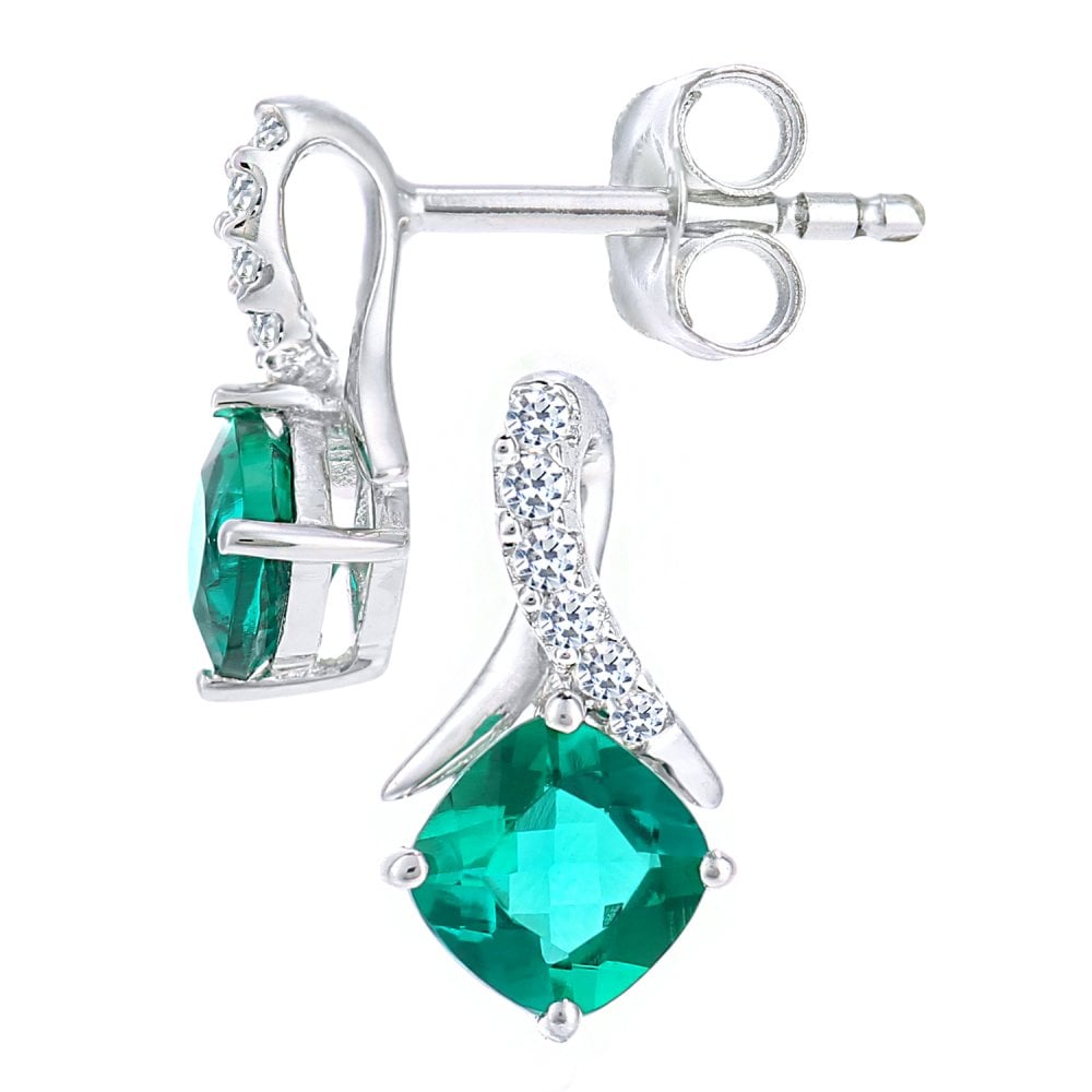 SPARKLD 9ct White Gold Cushion Created Emerald Crossover 0.05ct Diamond Stud Earrings