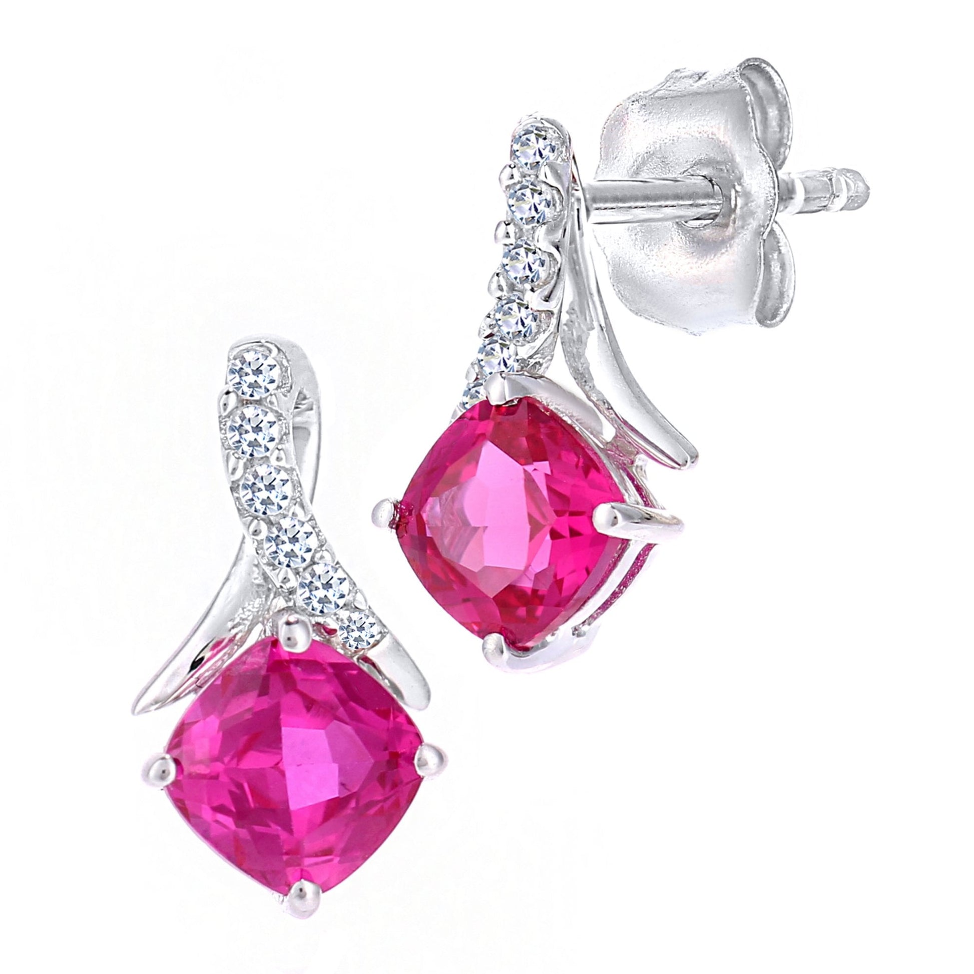 SPARKLD 9ct White Gold Cushion Created Ruby Crossover 0.05ct Diamond Stud Earrings
