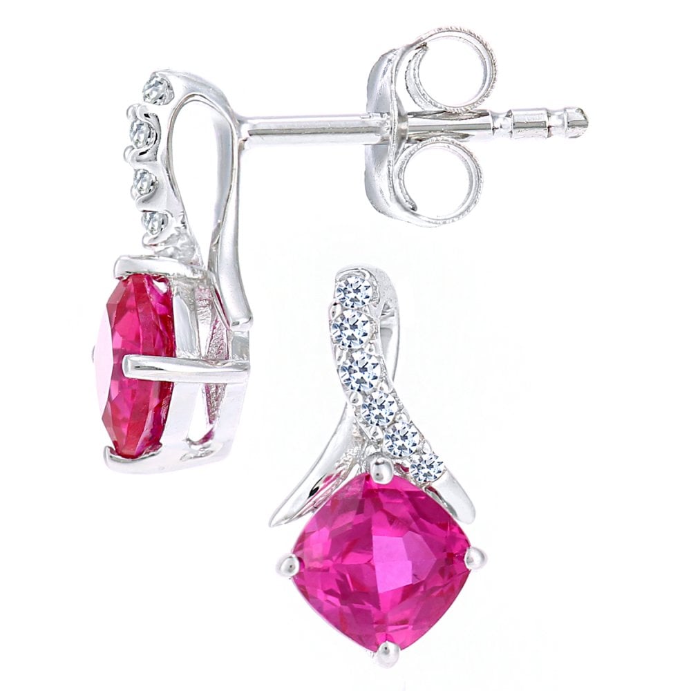 SPARKLD 9ct White Gold Cushion Created Ruby Crossover 0.05ct Diamond Stud Earrings