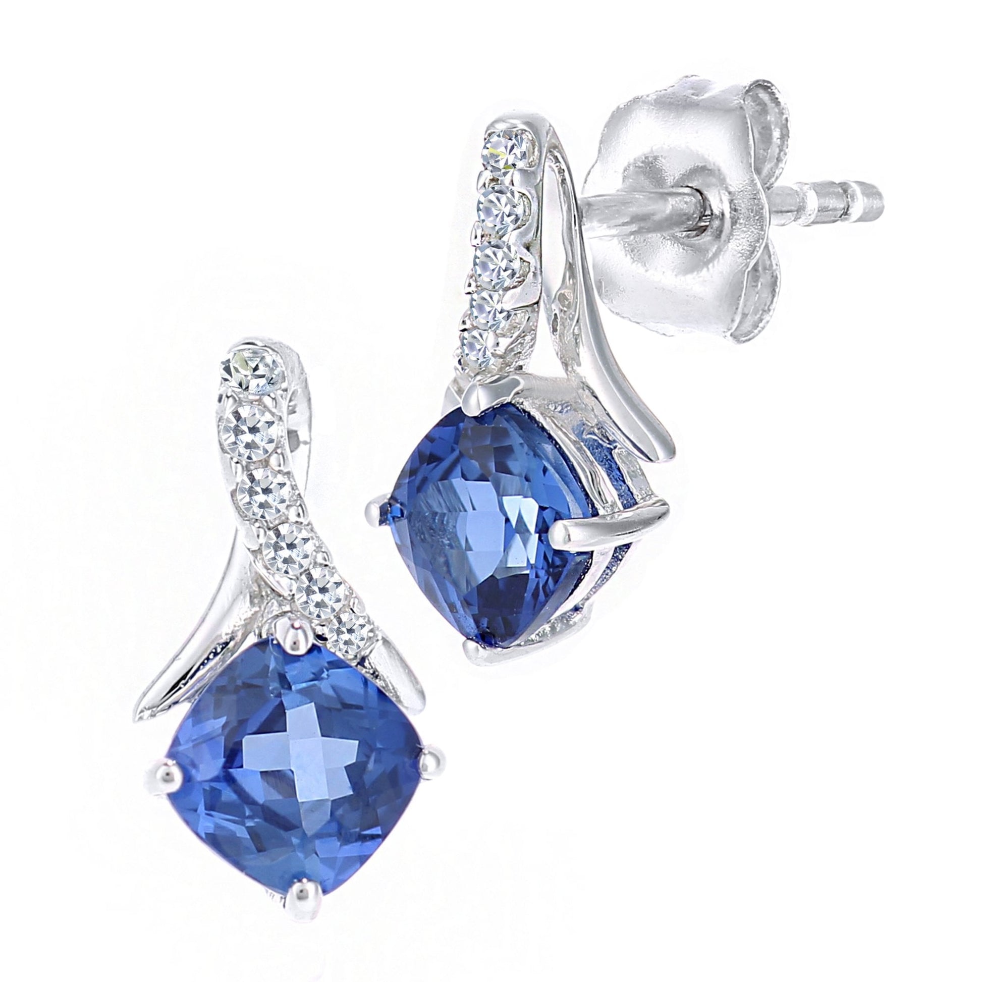 SPARKLD 9ct White Gold Cushion Created Tanzanite Crossover 0.05ct Diamond Stud Earrings