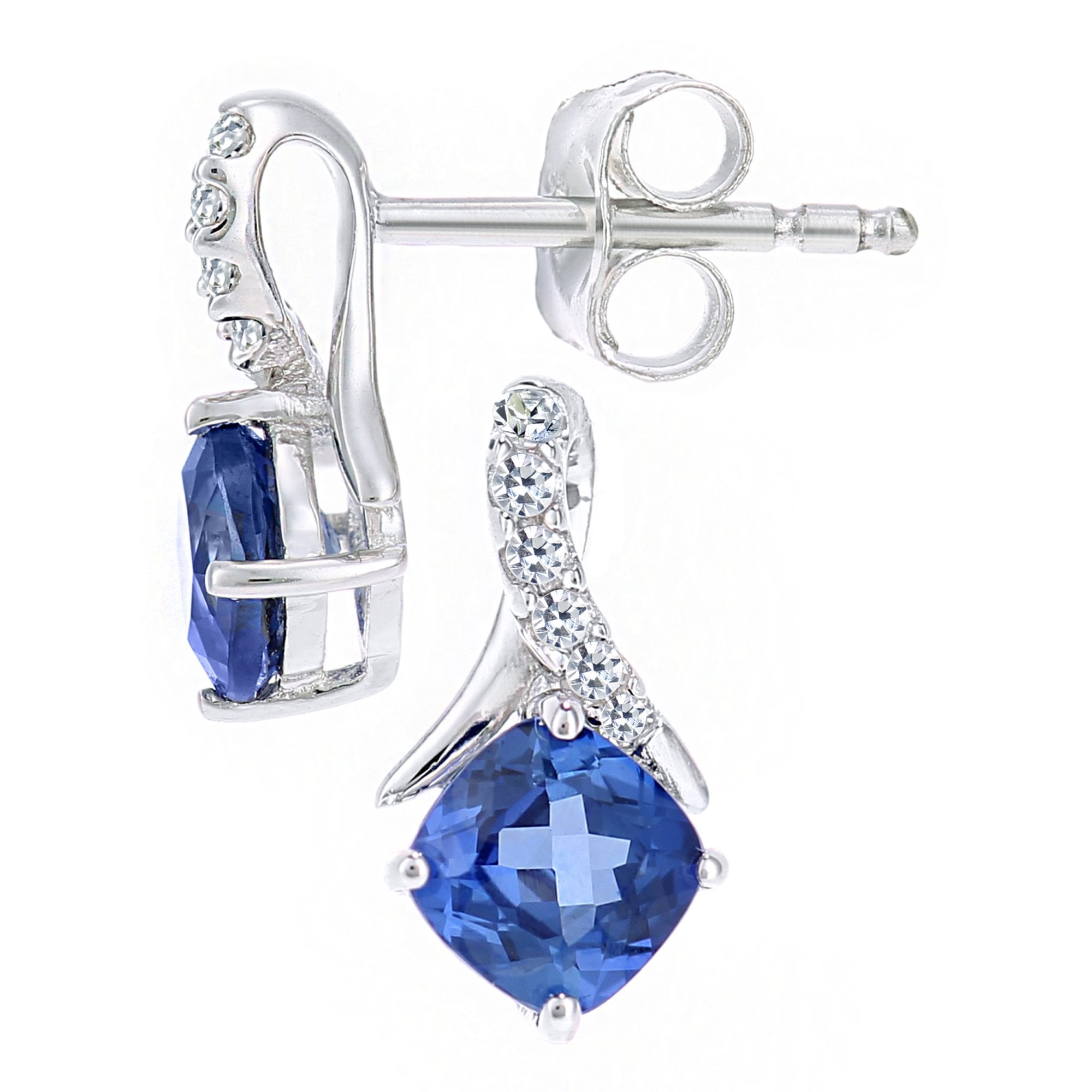 SPARKLD 9ct White Gold Cushion Created Tanzanite Crossover 0.05ct Diamond Stud Earrings