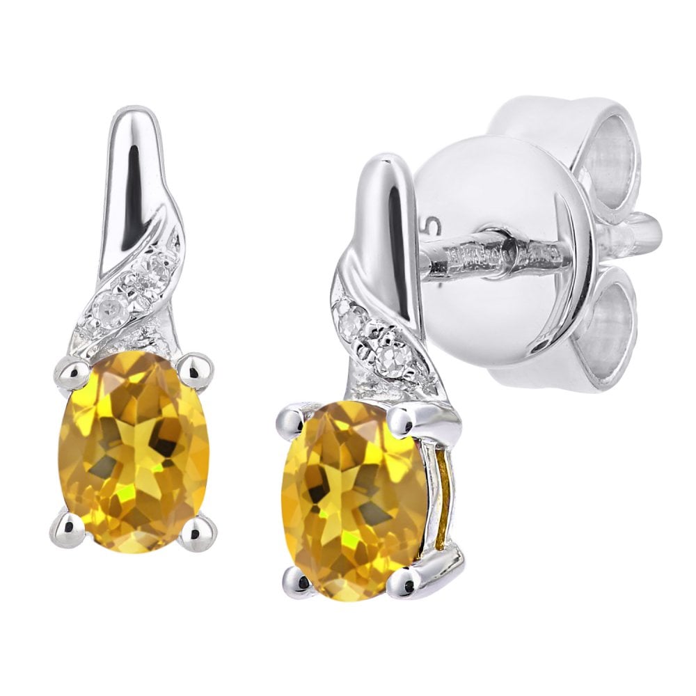SPARKLD 9ct White Gold Oval Citrine and 0.01ct Diamond Drop Earrings