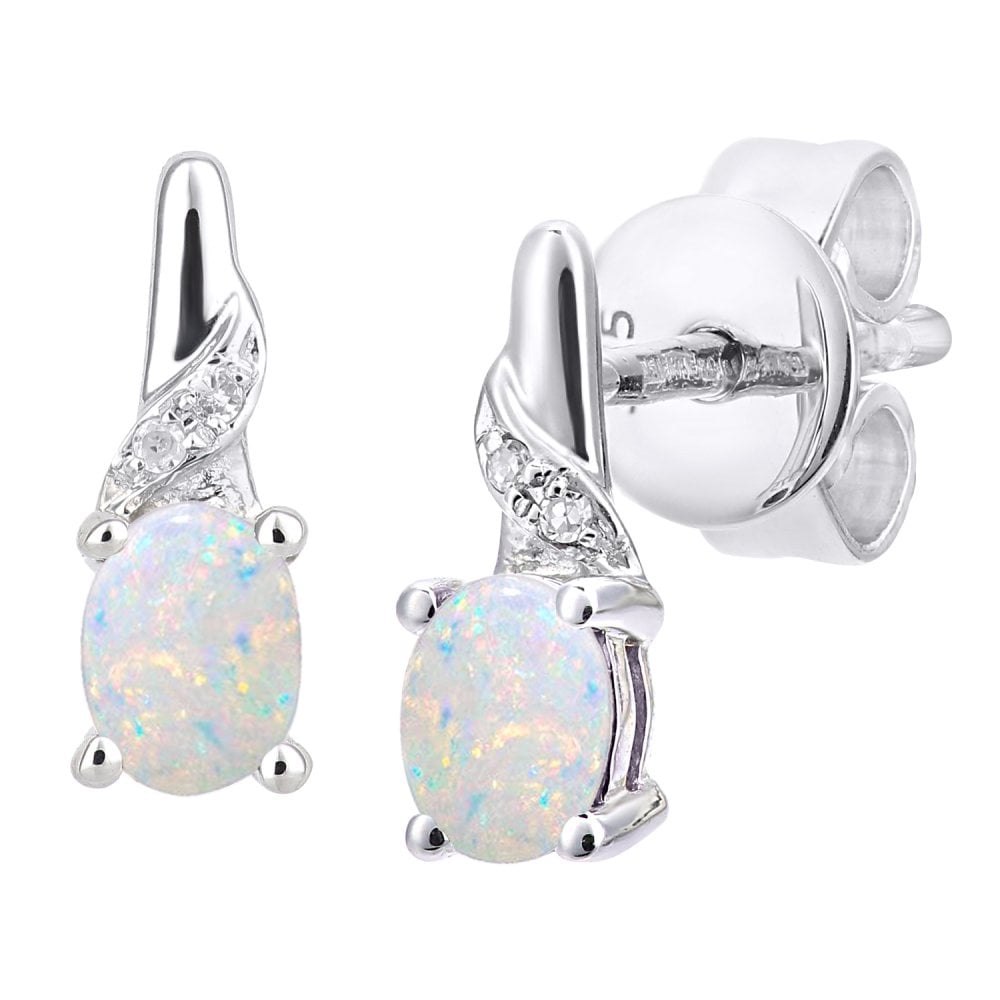 SPARKLD 9ct White Gold Oval opal and 0.01ct Diamond Drop Earrings