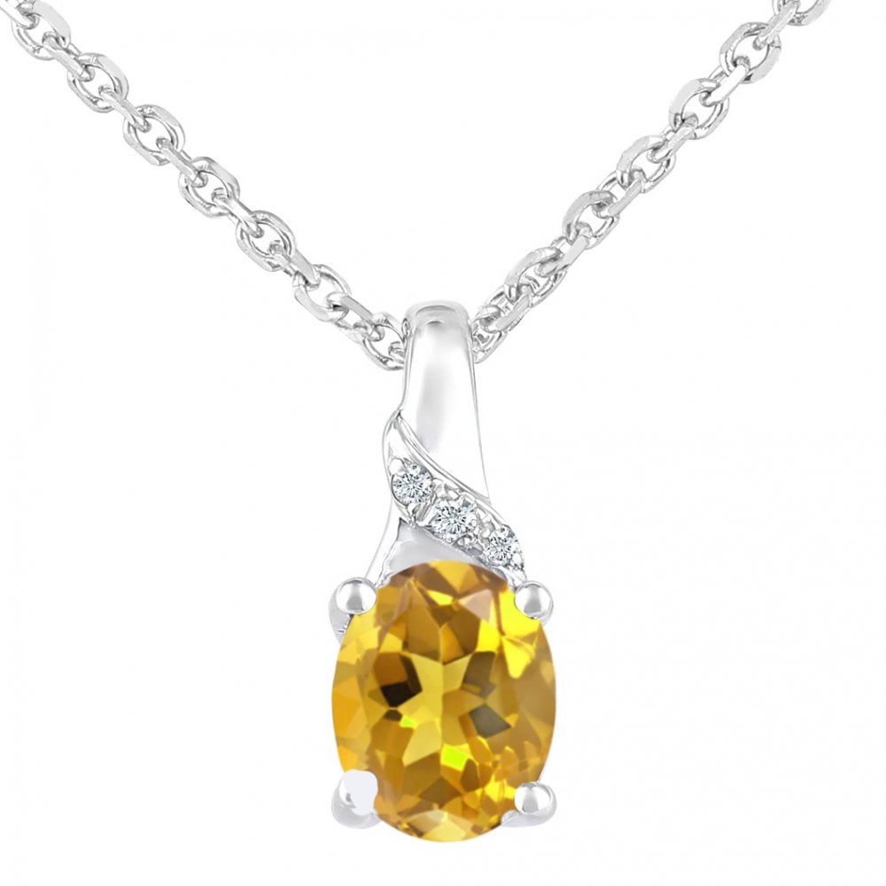 SPARKLD 9ct White Gold Oval Citrine and 0.01ct Diamond Pendant Necklace