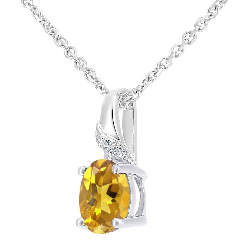 SPARKLD 9ct White Gold Oval Citrine and 0.01ct Diamond Pendant Necklace
