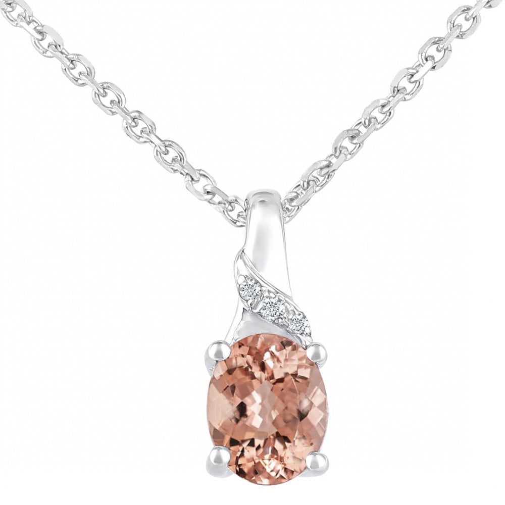 SPARKLD 9ct White Gold Oval Morganite and 0.01ct Diamond Pendant Necklace