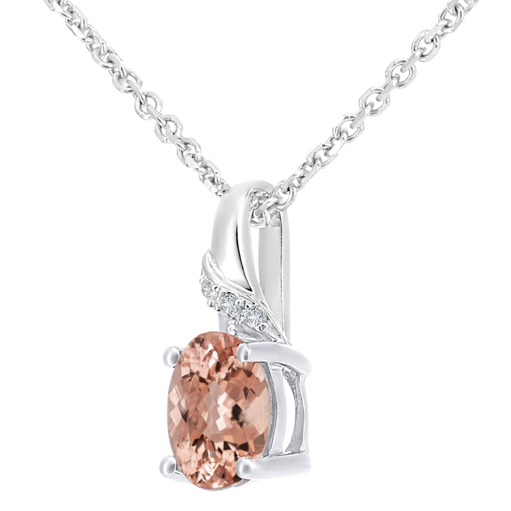 SPARKLD 9ct White Gold Oval Morganite and 0.01ct Diamond Pendant Necklace