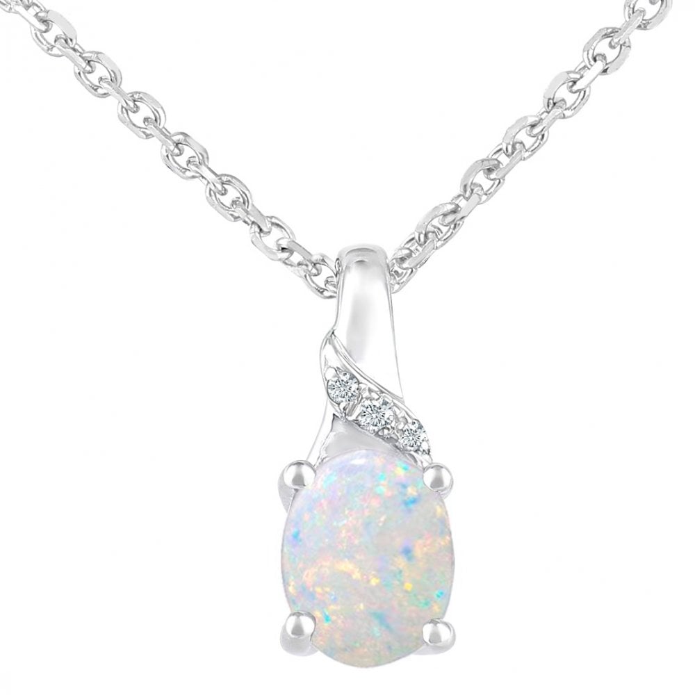 SPARKLD 9ct White Gold Oval Opal and 0.01ct Diamond Pendant Necklace