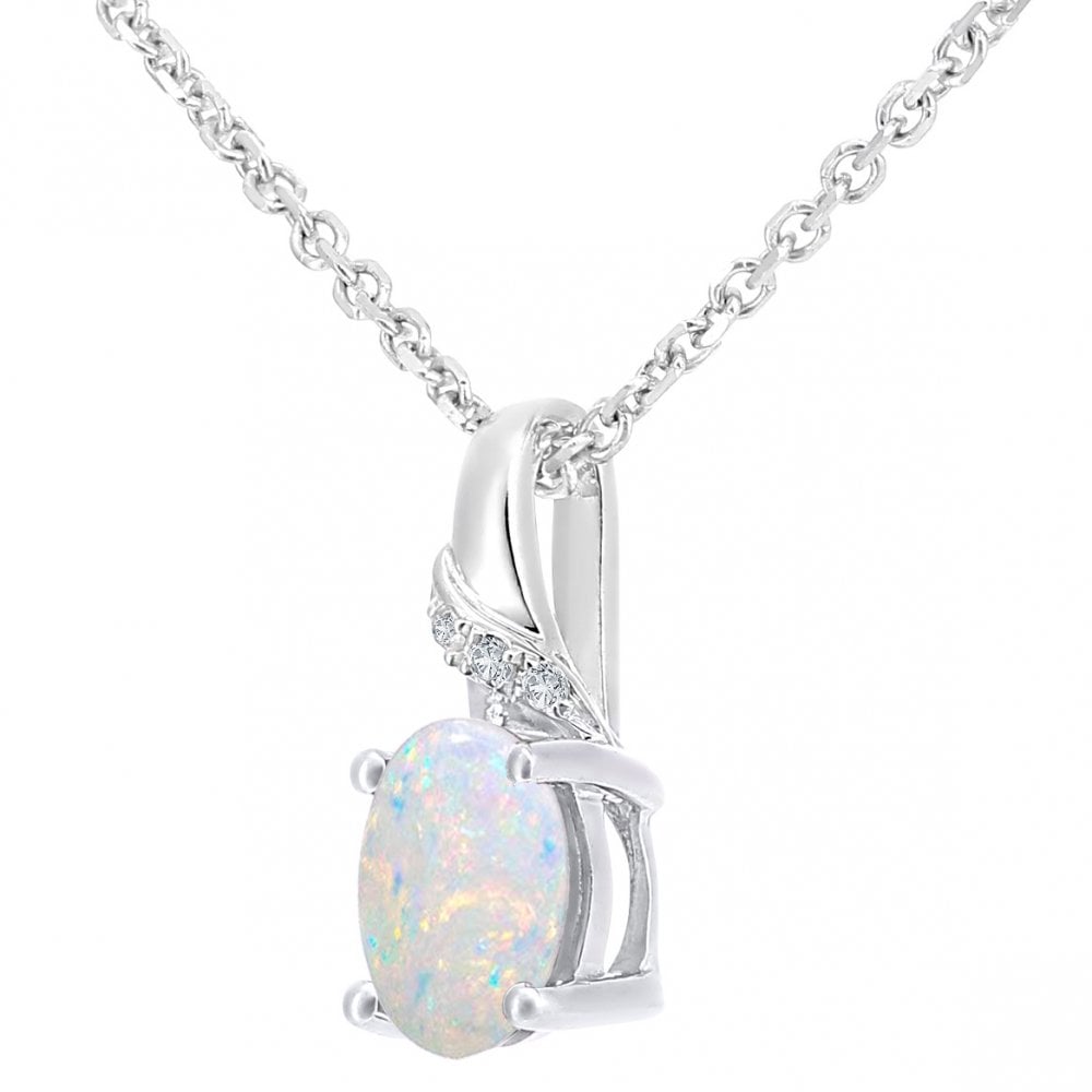 SPARKLD 9ct White Gold Oval Opal and 0.01ct Diamond Pendant Necklace