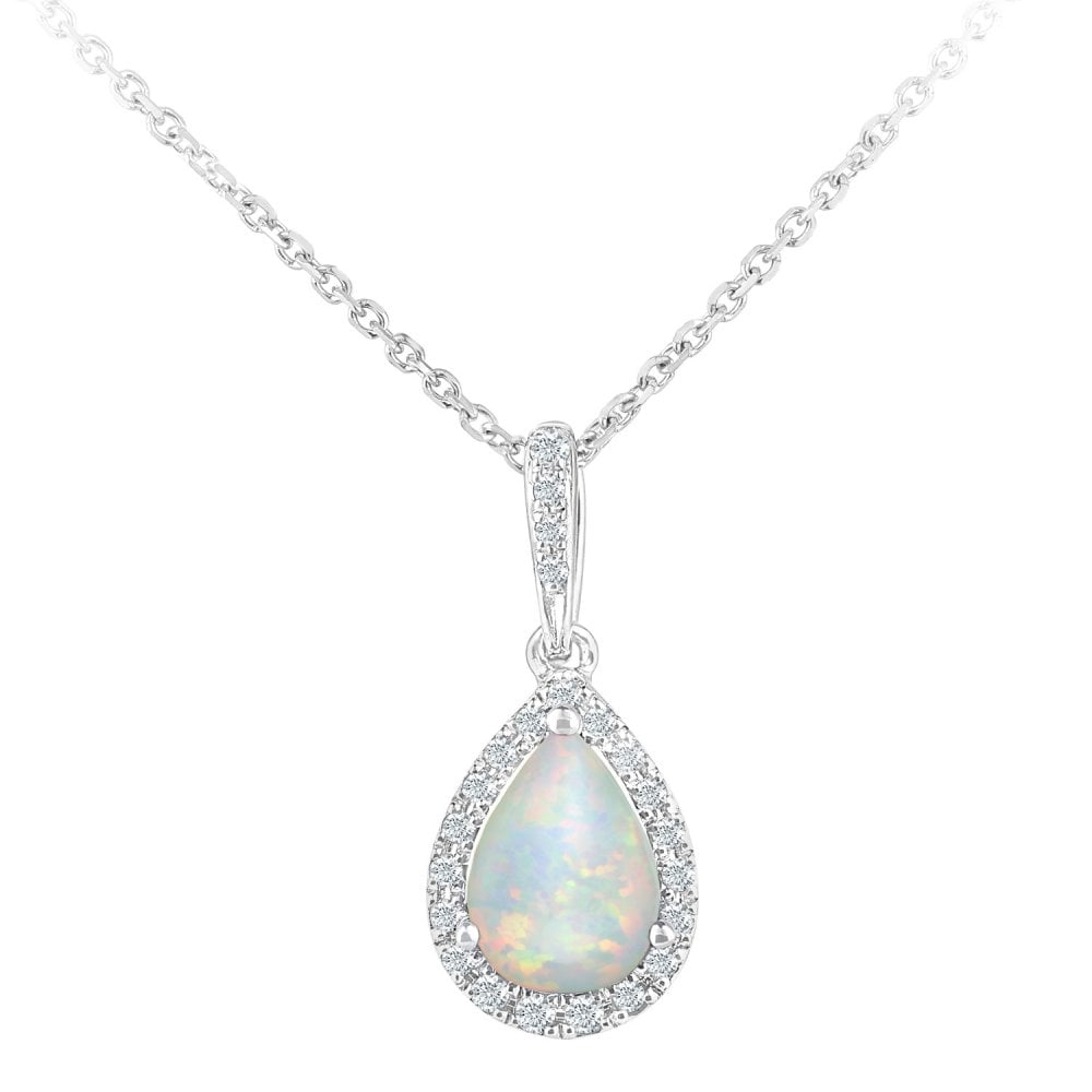 SPARKLD 9ct White Gold Opal and 0.08ct Diamond Teardrop Pendant Necklace