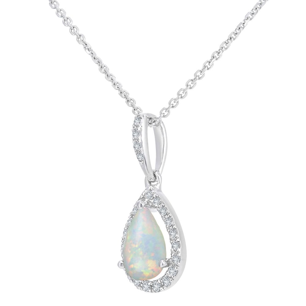 SPARKLD 9ct White Gold Opal and 0.08ct Diamond Teardrop Pendant Necklace