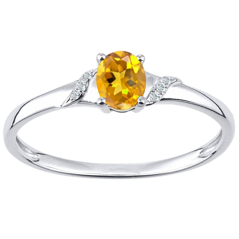 SPARKLD 9ct White Gold Oval Citrine and 0.02ct Diamond Shoulders Engagement Ring