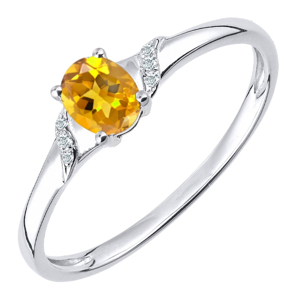 SPARKLD 9ct White Gold Oval Citrine and 0.02ct Diamond Shoulders Engagement Ring