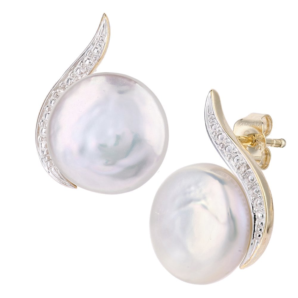 SPARKLD 9ct Yellow Gold Cultured Pearl And 0.01ct Diamond Stud Earrings