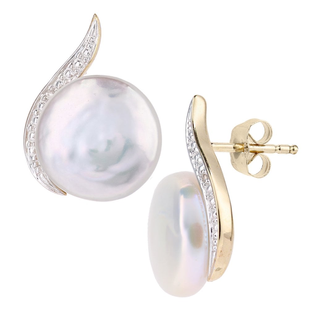 SPARKLD 9ct Yellow Gold Cultured Pearl And 0.01ct Diamond Stud Earrings