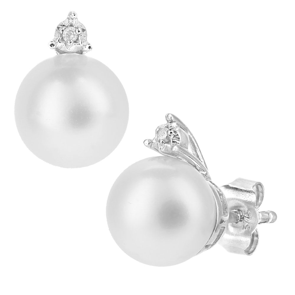 SPARKLD 9ct White Gold Cultured Pearl and 0.01ct Diamond Stud Earrings