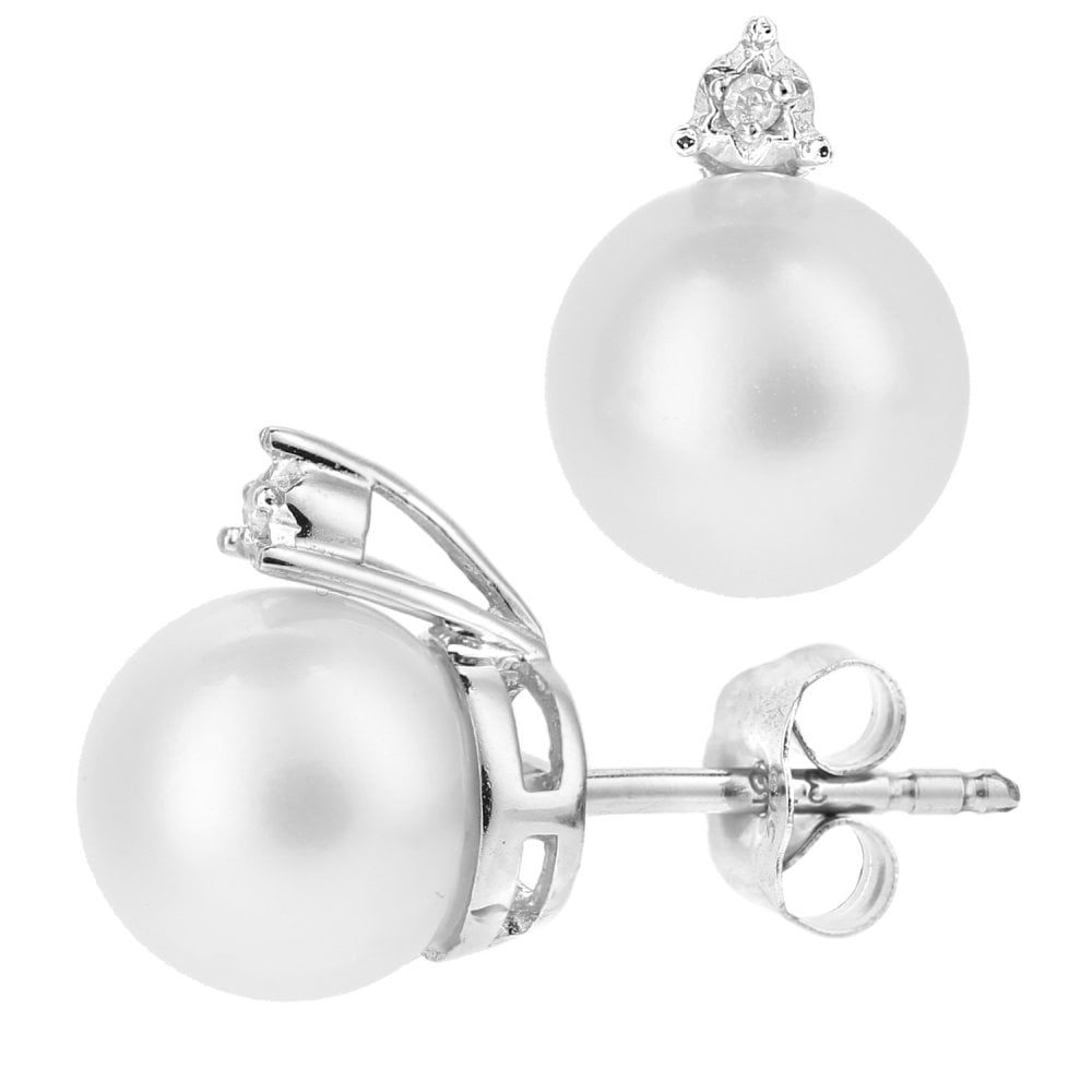 SPARKLD 9ct White Gold Cultured Pearl and 0.01ct Diamond Stud Earrings