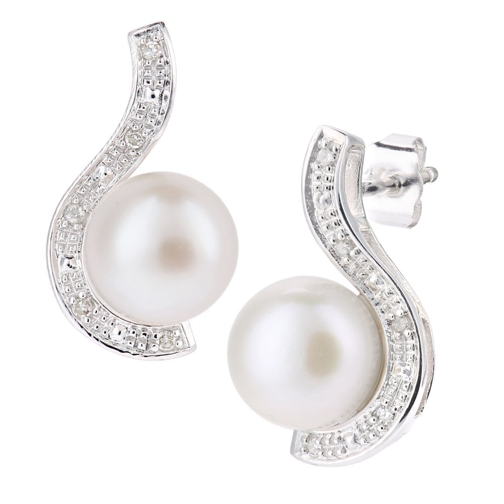 SPARKLD 9ct White Gold Cultured Pearl and 0.05ct Diamond Stud Earrings