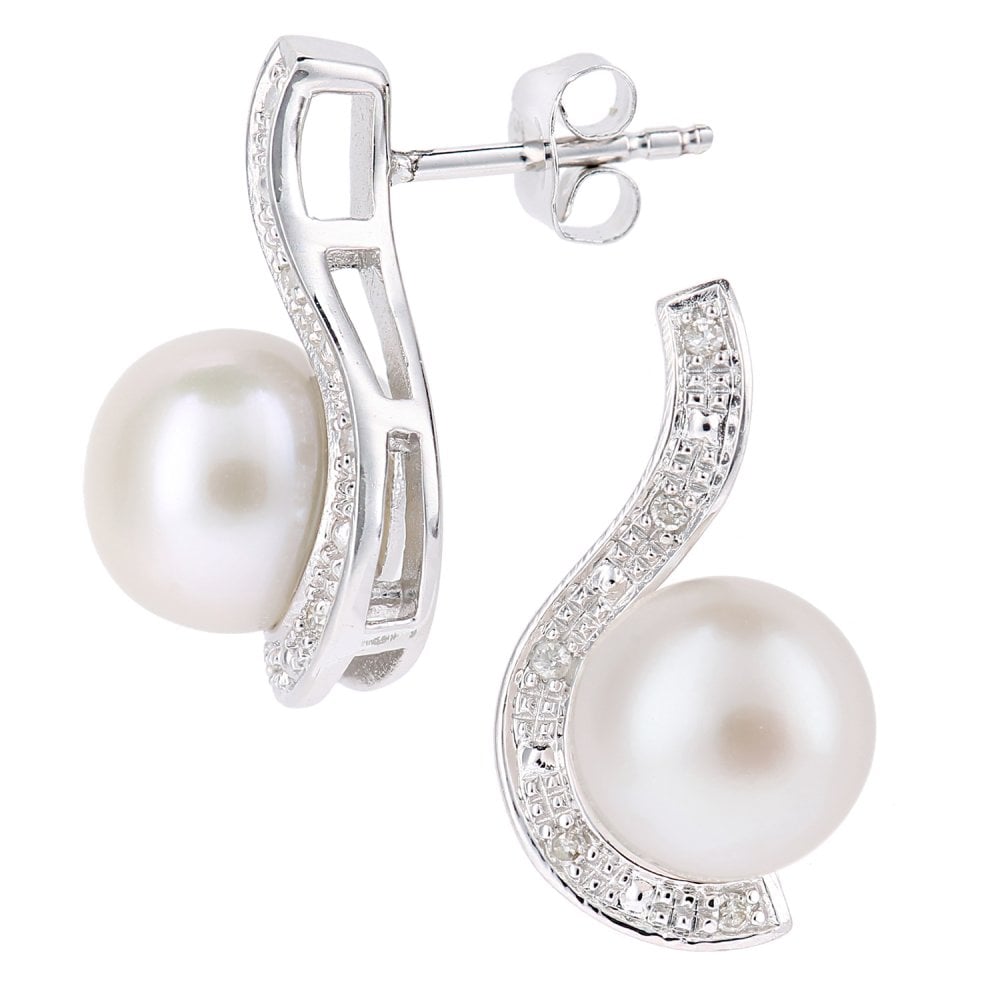 SPARKLD 9ct White Gold Cultured Pearl and 0.05ct Diamond Stud Earrings
