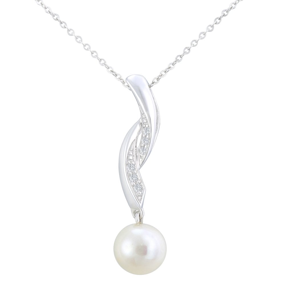 SPARKLD 9ct White Gold Cultured Pearl and 0.03ct Diamond Pendant Necklace