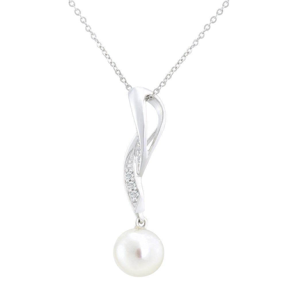 SPARKLD 9ct White Gold Cultured Pearl and 0.03ct Diamond Pendant Necklace