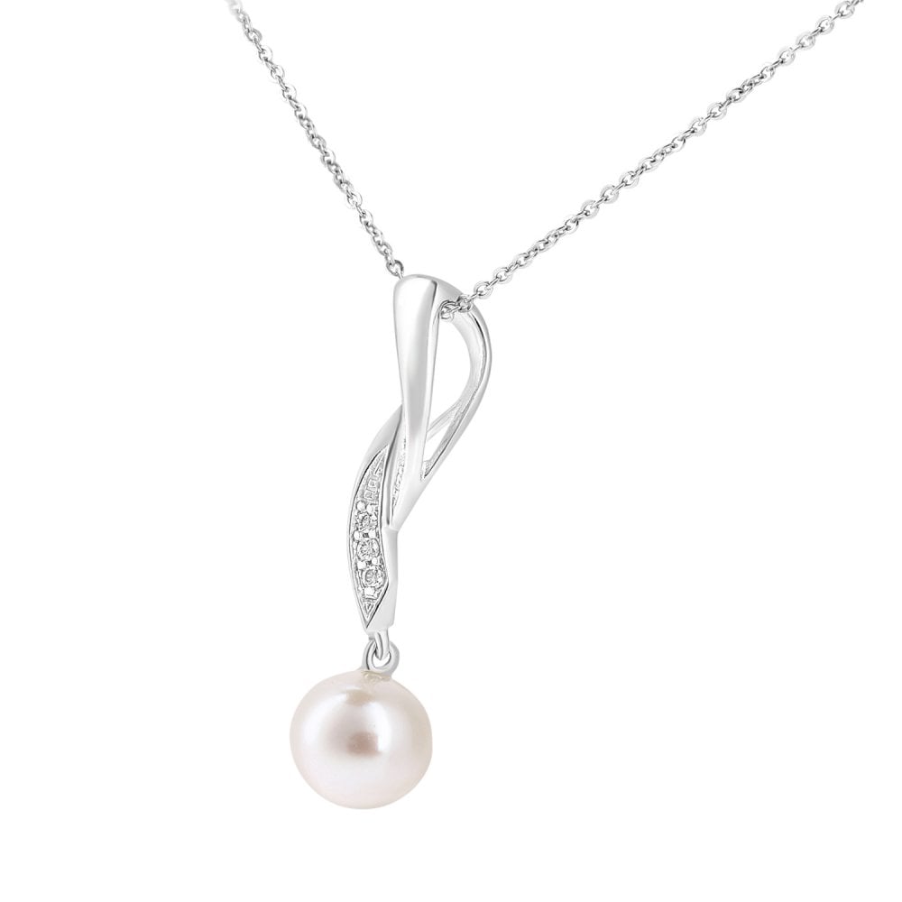 SPARKLD 9ct White Gold Cultured Pearl and 0.03ct Diamond Pendant Necklace