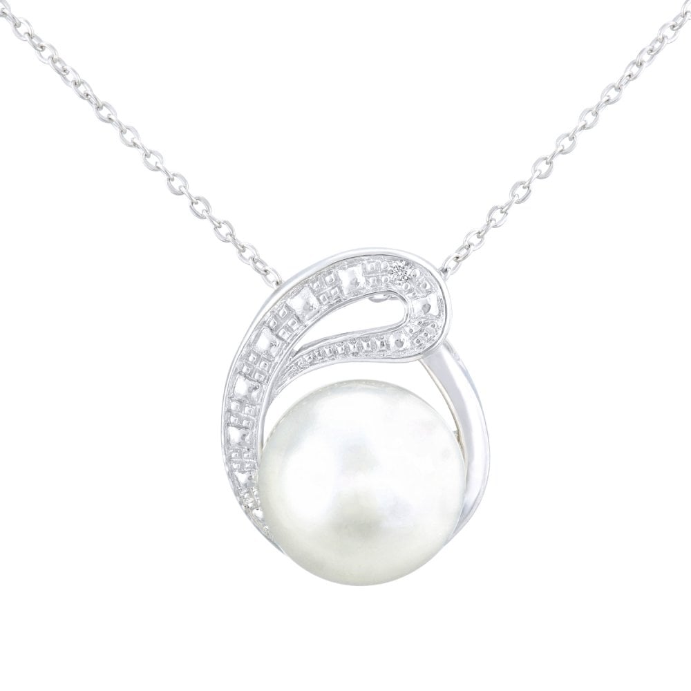 SPARKLD 9ct White Gold Cultured Pearl and 0.01ct Diamond Pendant Necklace