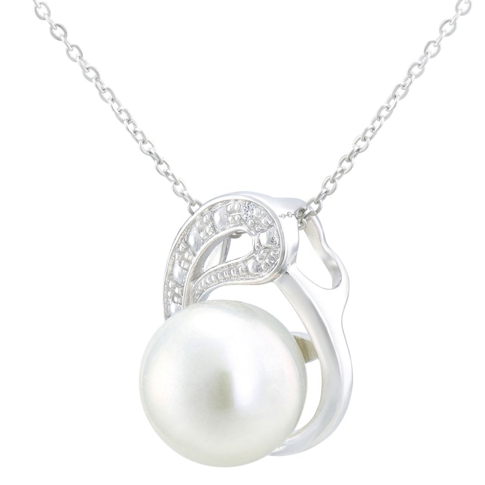 SPARKLD 9ct White Gold Cultured Pearl and 0.01ct Diamond Pendant Necklace