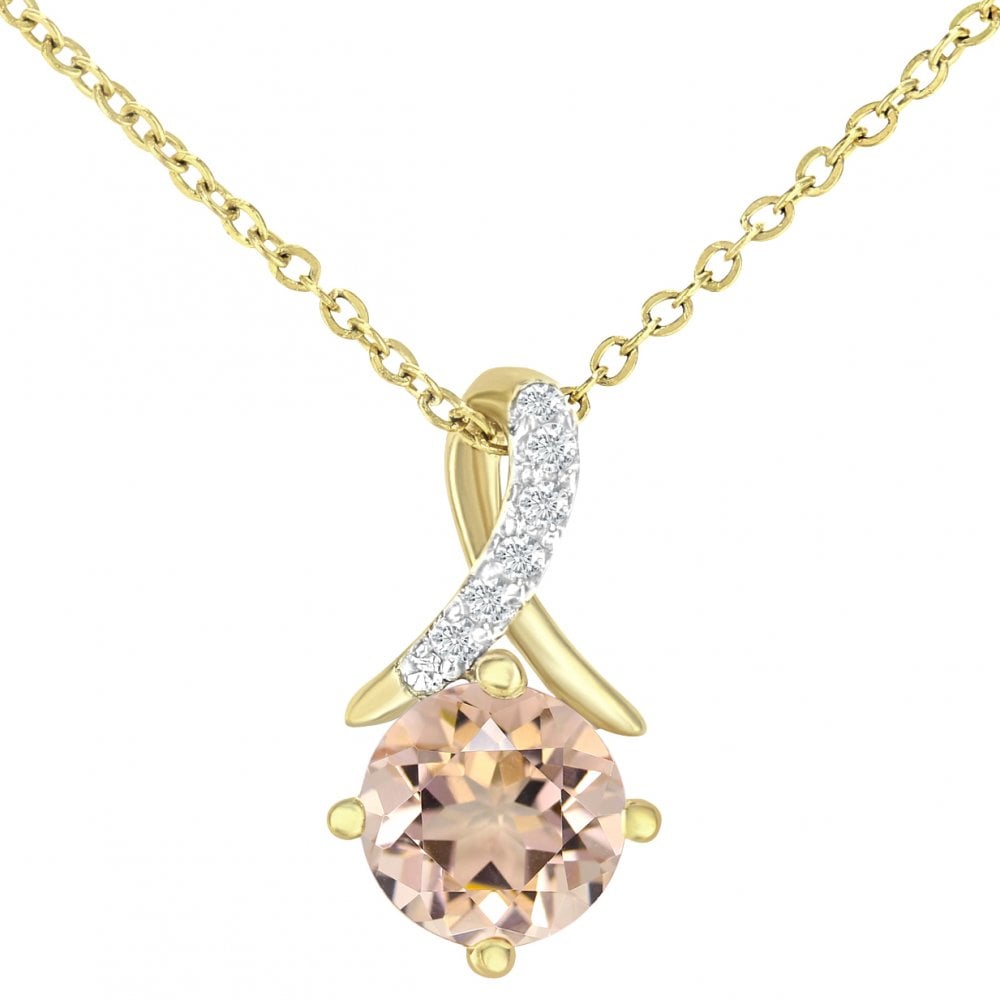 SPARKLD 9ct Yellow Gold Morganite and 0.02ct Diamond Twist Pendant Necklace