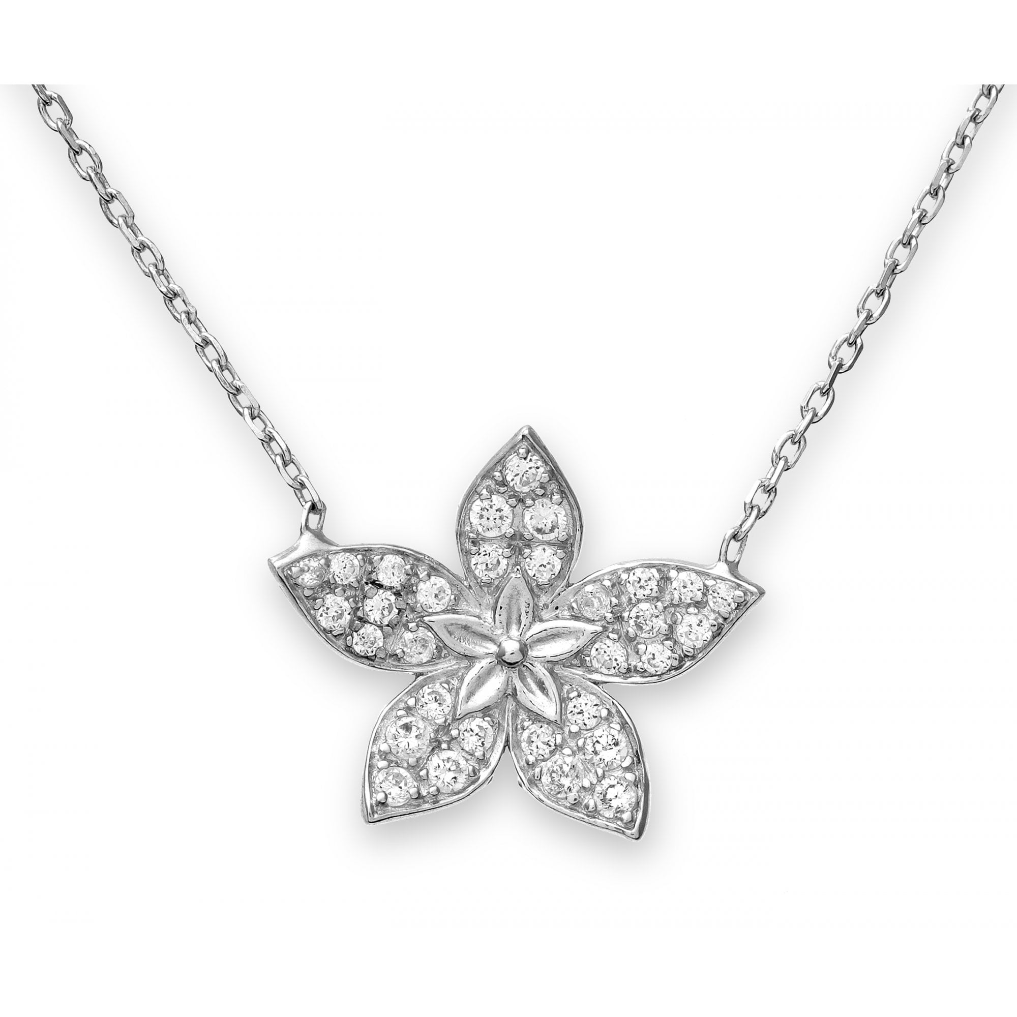 SPARKLD Sterling Silver Cubic Zirconia Flower Pendant and 42 cm Chain