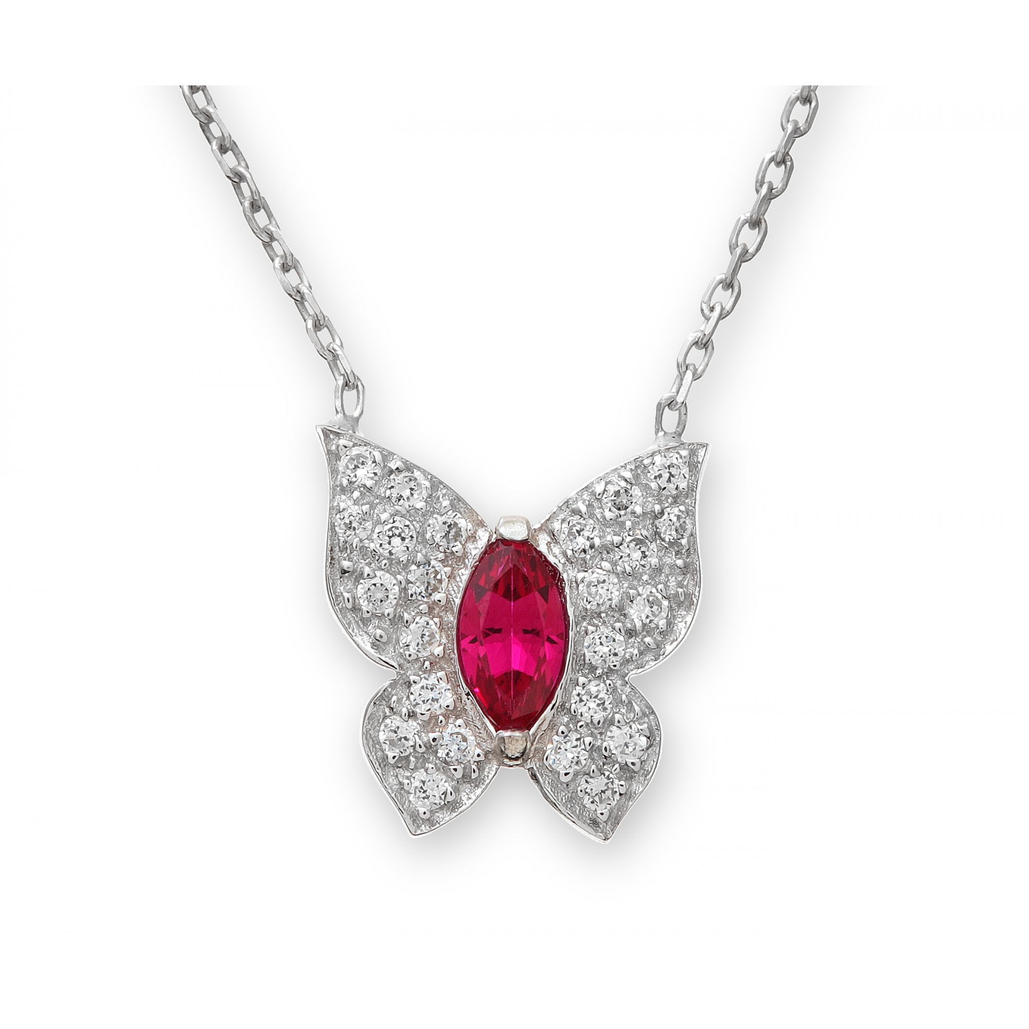 SPARKLD Sterling Silver White and Red Cubic Zirconia Butterfly Pendant and 42 cm Chain