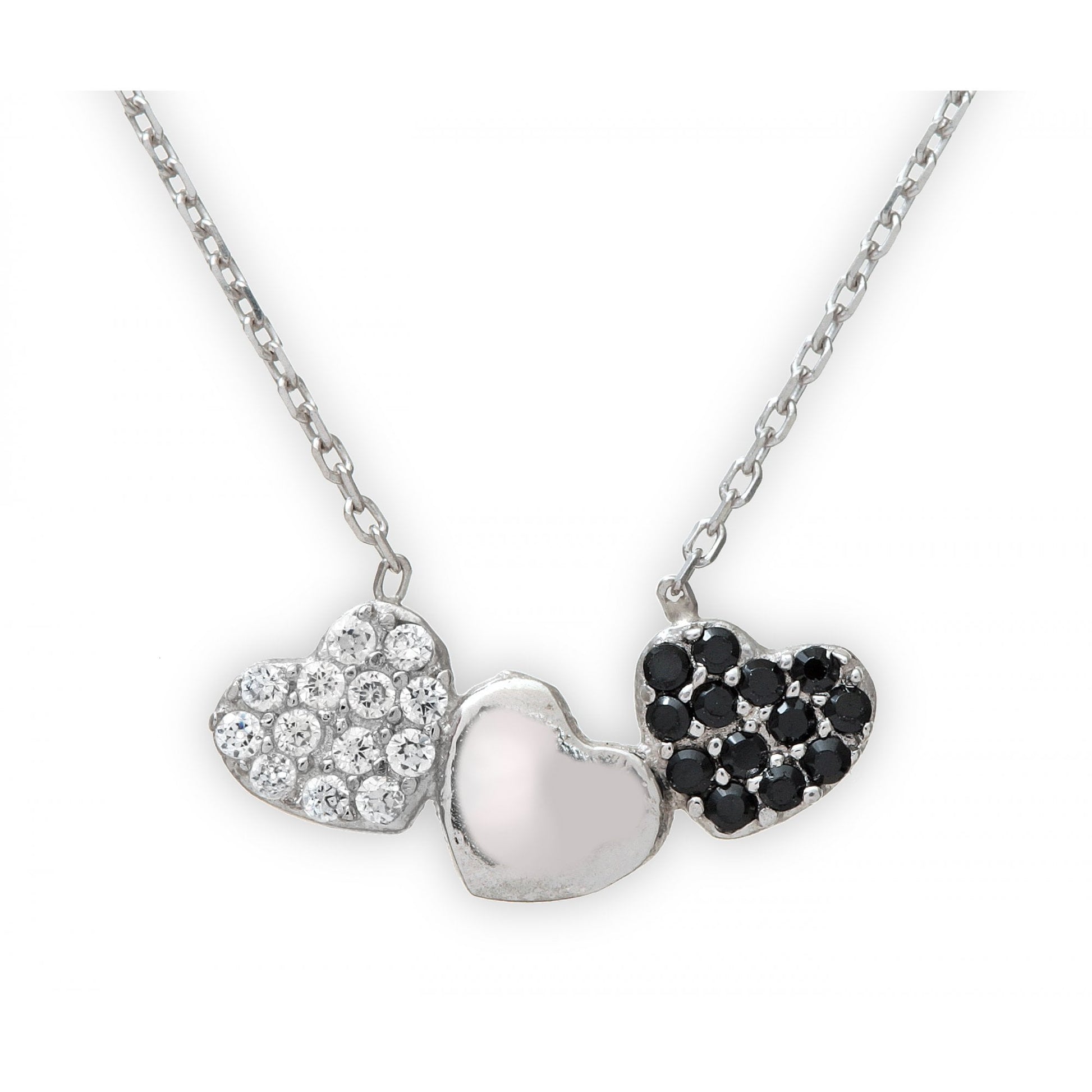 SPARKLD Sterling Silver White and Black Cubic Zirconia Triple-Heart Pendant and 42 cm Chain