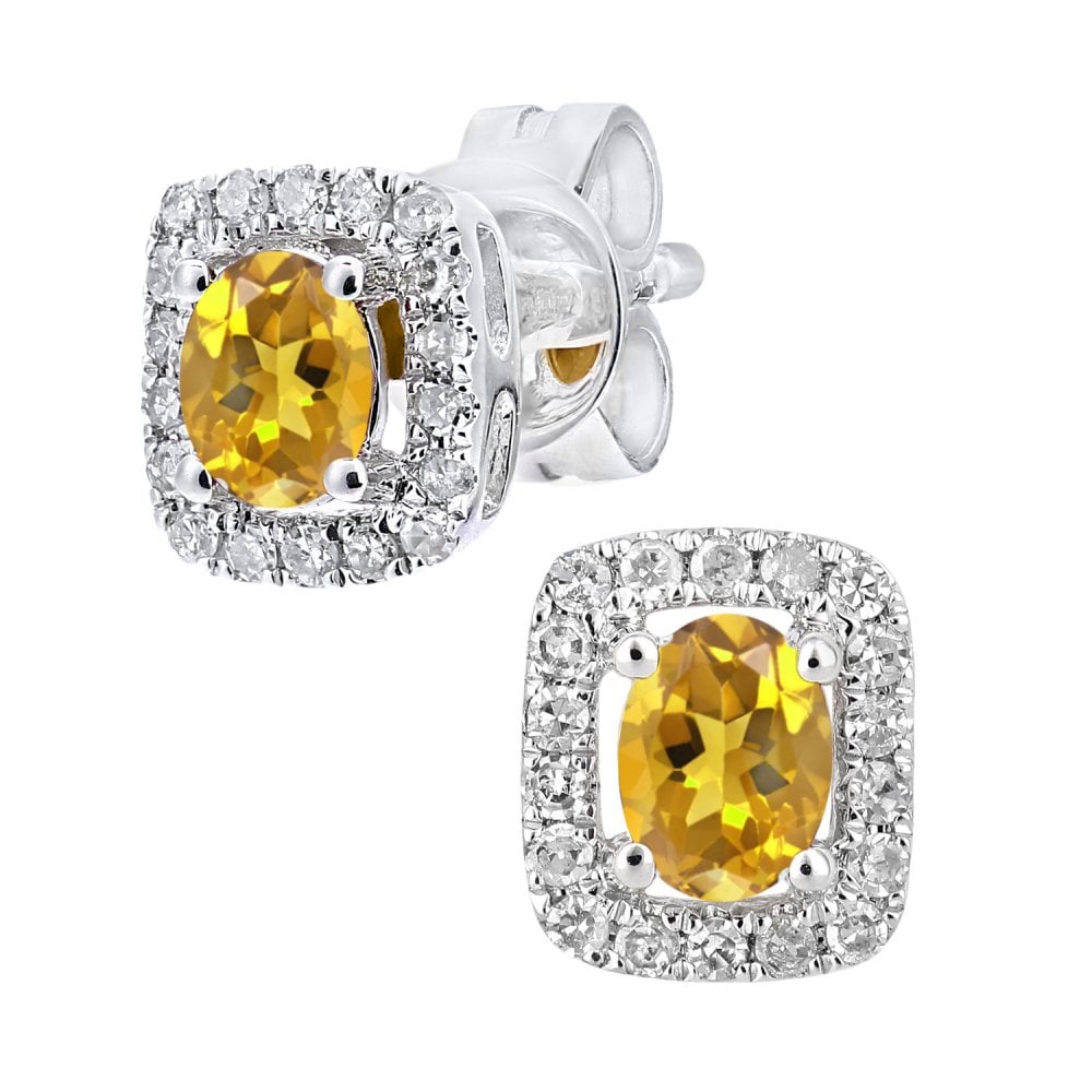 SPARKLD 9ct White Gold Oval Citrine Cluster And 0.13ct Diamond Stud Earrings