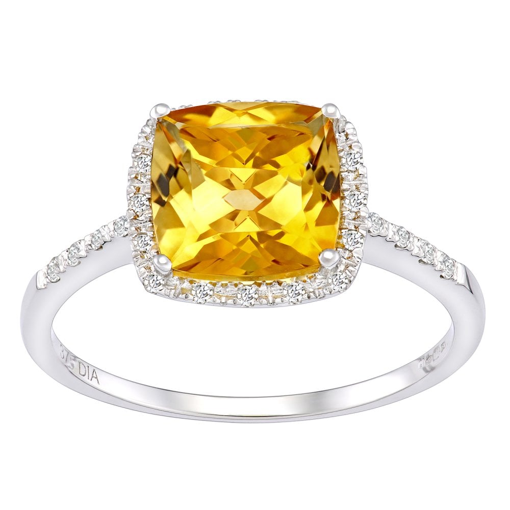 SPARKLD 9ct White Gold Cushion Citrine and 0.10ct Diamond Halo Ring