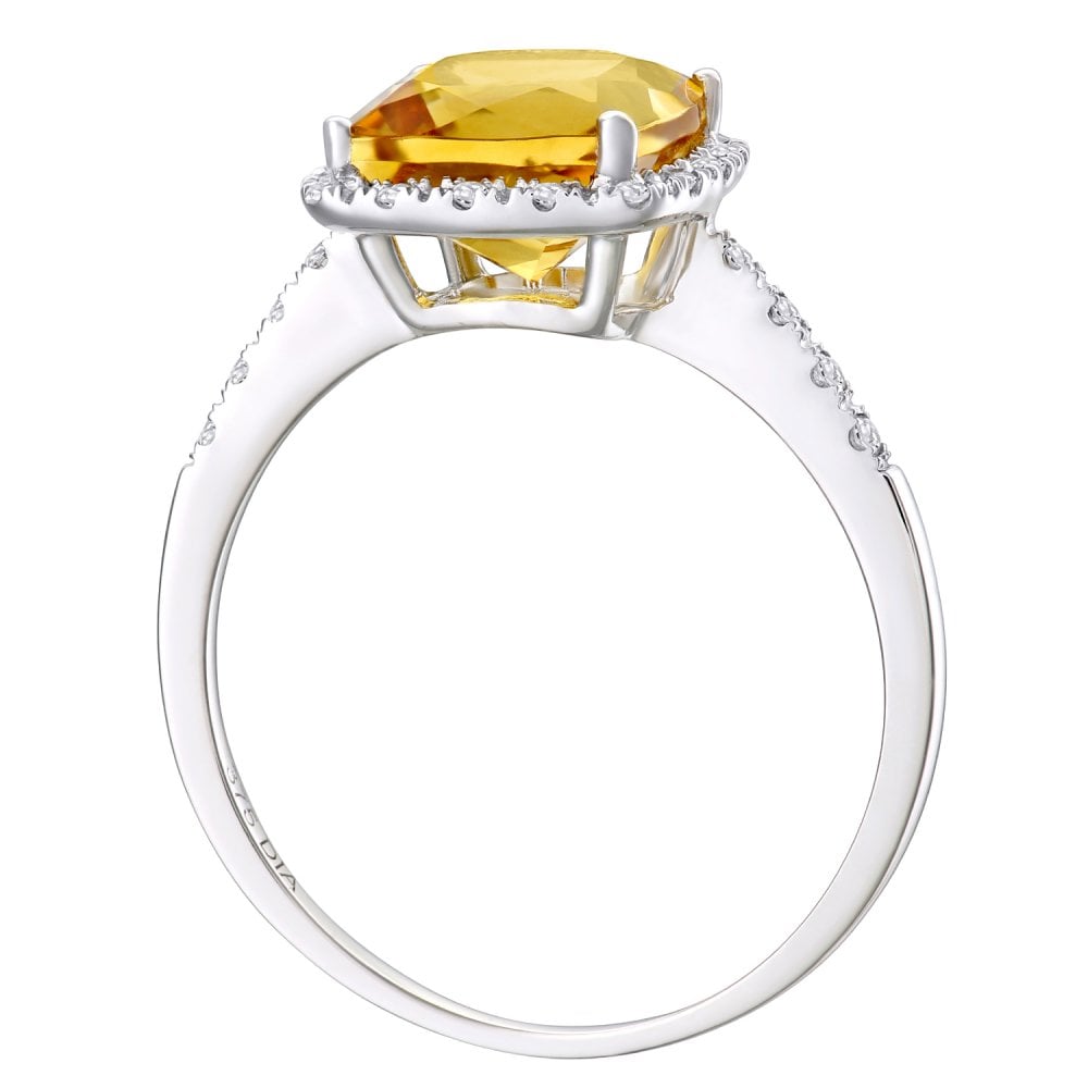 SPARKLD 9ct White Gold Cushion Citrine and 0.10ct Diamond Halo Ring