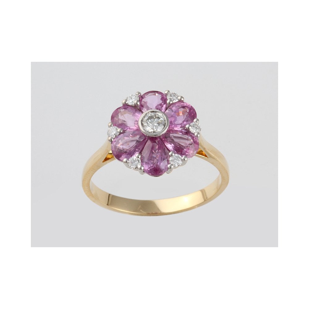 18ct Yellow And White Gold Pink Sapphire 2.41ct And Diamond 0.27ct Flower Cluster Ring