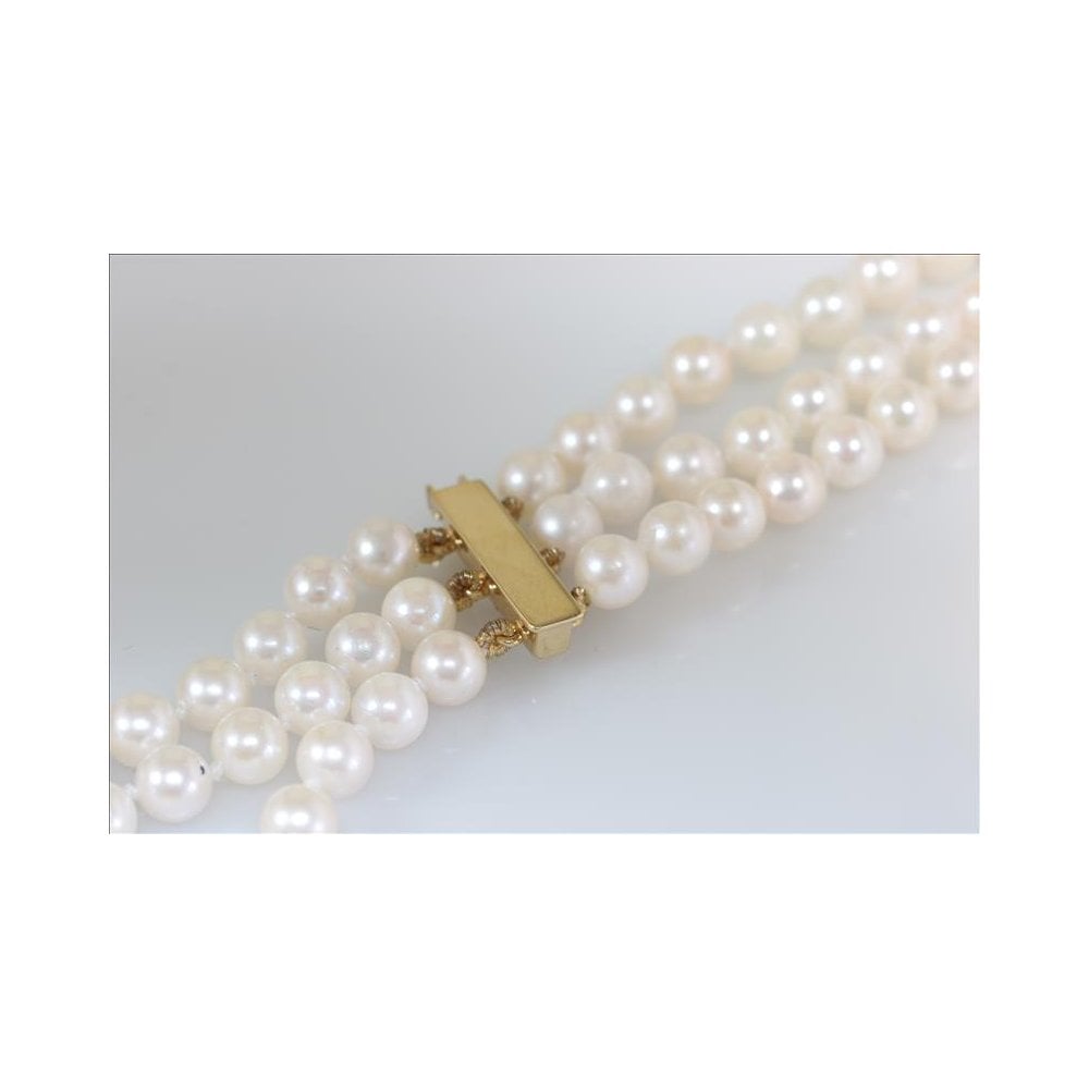 Knotted three strand Akoya pearl necklace with 9ct yellow gold clasp 16 inch to 18 inch strands