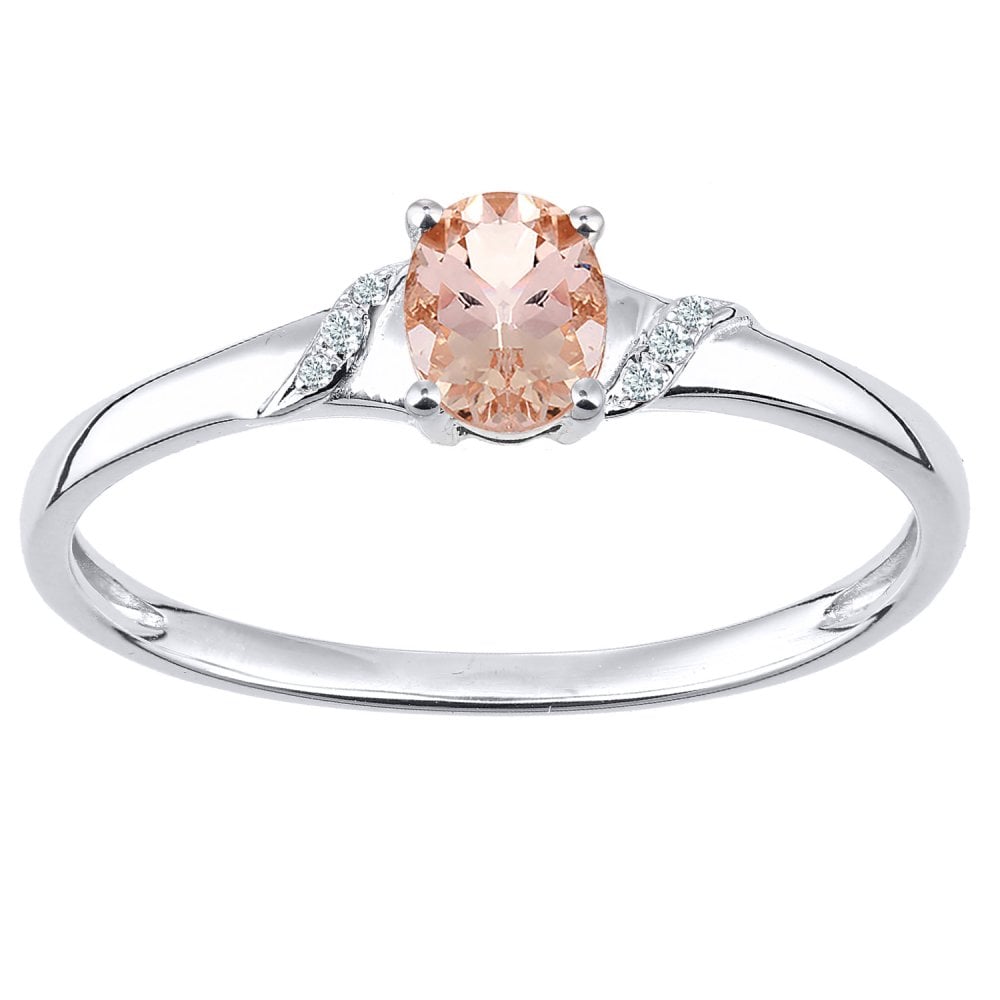 SPARKLD 9ct White Gold Oval Morganite and 0.02ct Diamond Shoulders Engagement Ring