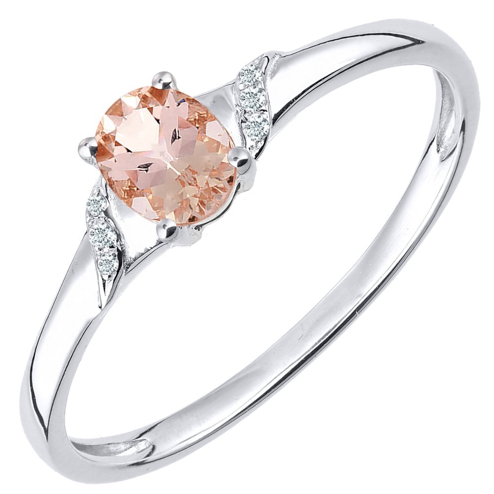 SPARKLD 9ct White Gold Oval Morganite and 0.02ct Diamond Shoulders Engagement Ring