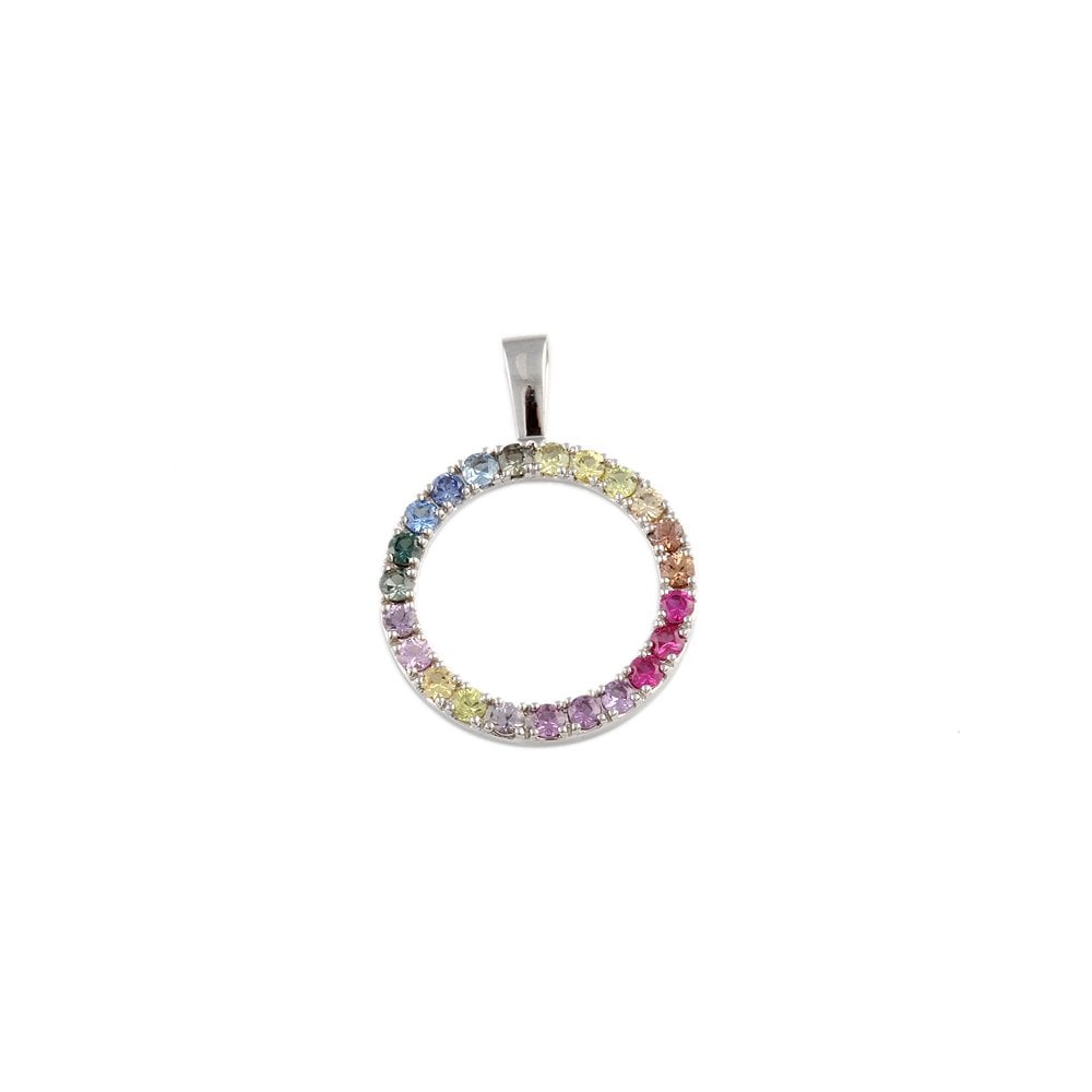 9ct White Gold 2.51ct Round Sapphires and 0.36ct Round Ruby Circle Pendant