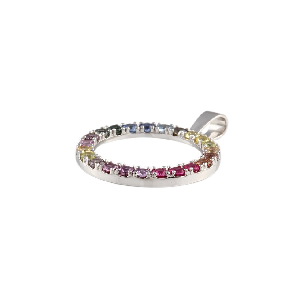 9ct White Gold 2.51ct Round Sapphires and 0.36ct Round Ruby Circle Pendant