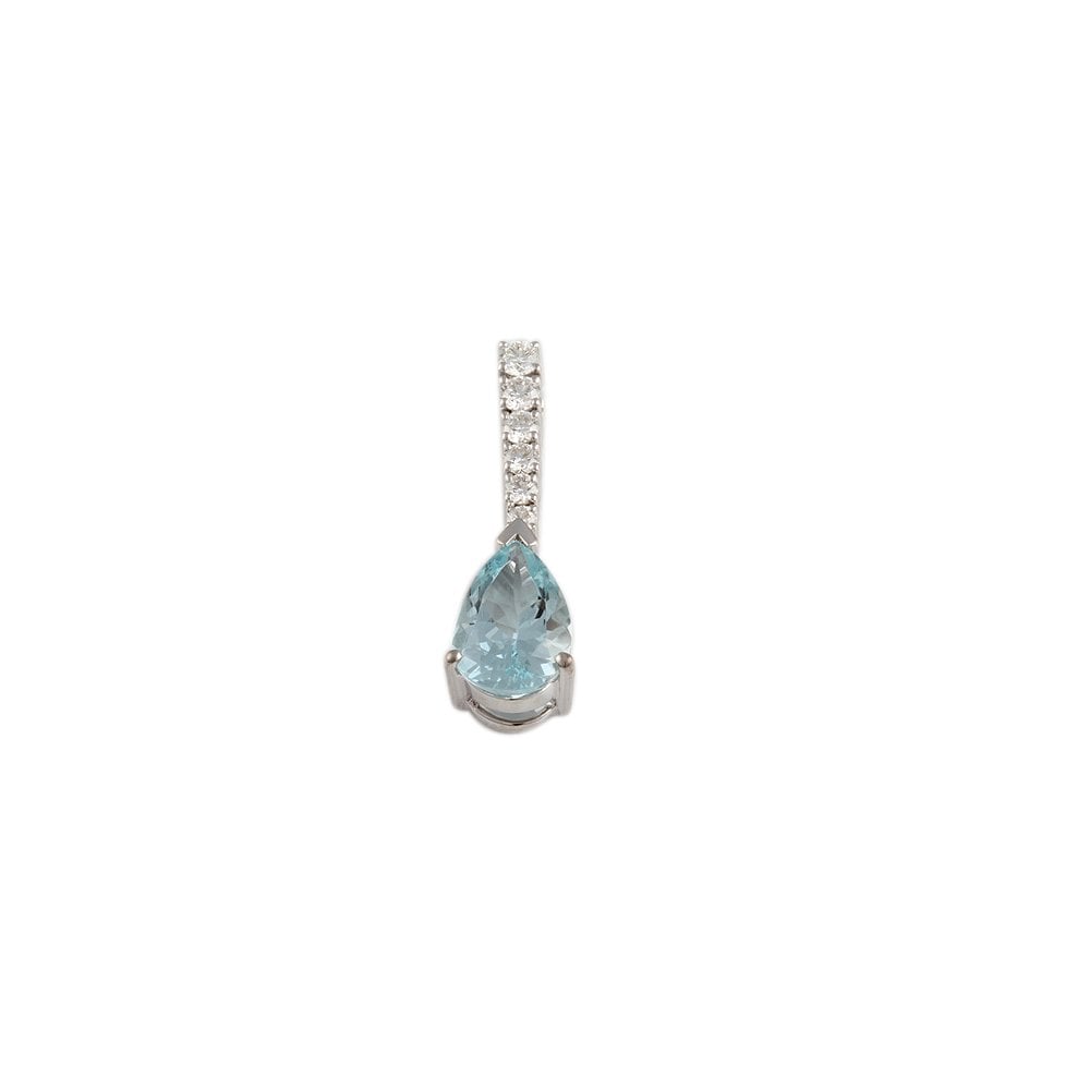 9ct White Gold 0.26ct Round Brilliant Cut Diamonds and 1.71ct Pear Shape Aquamarine Drop Pendant