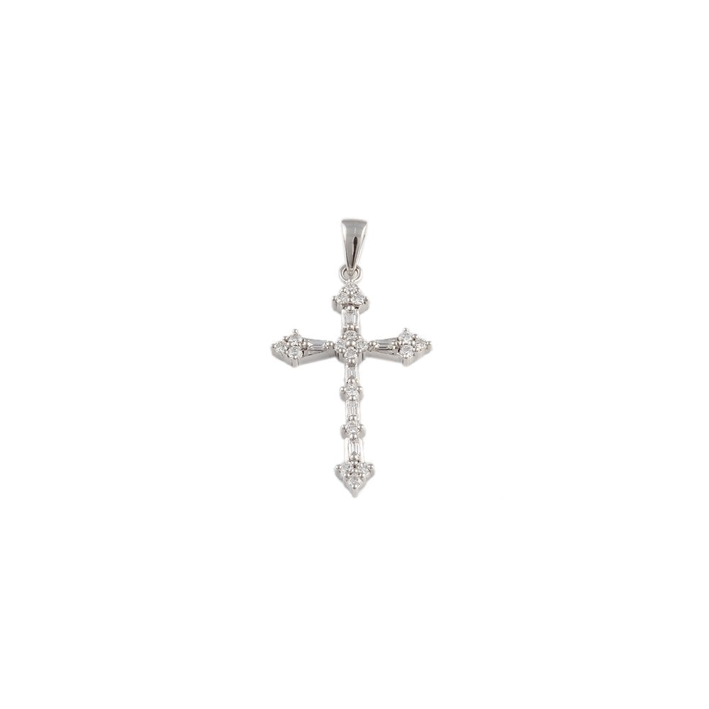 9ct White Gold 0.55ct Round Brilliant and Baguette Cut Diamonds Cross Pendant