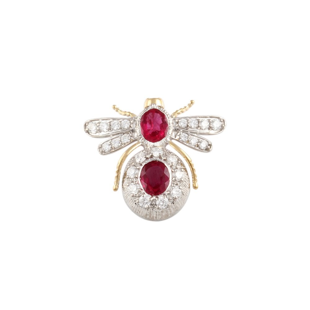 9ct Yellow and White Gold 0.34ct Round Brilliant Cut Diamonds and 0.68ct Oval Ruby Bee Pendant